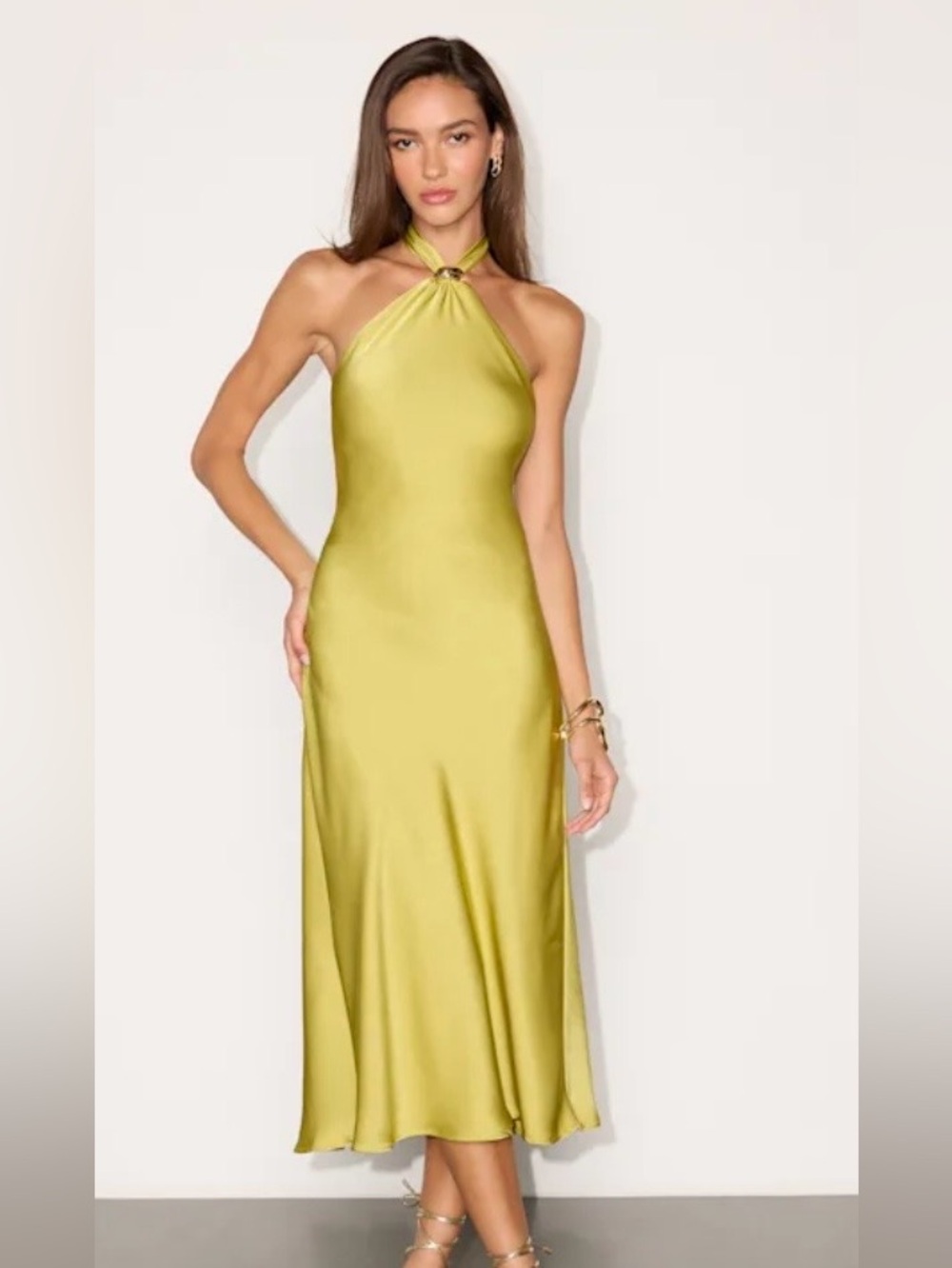 LULUS Lorissa Halter Neck Satin Midi Dress in Chartreuse. Sz XS. NWT